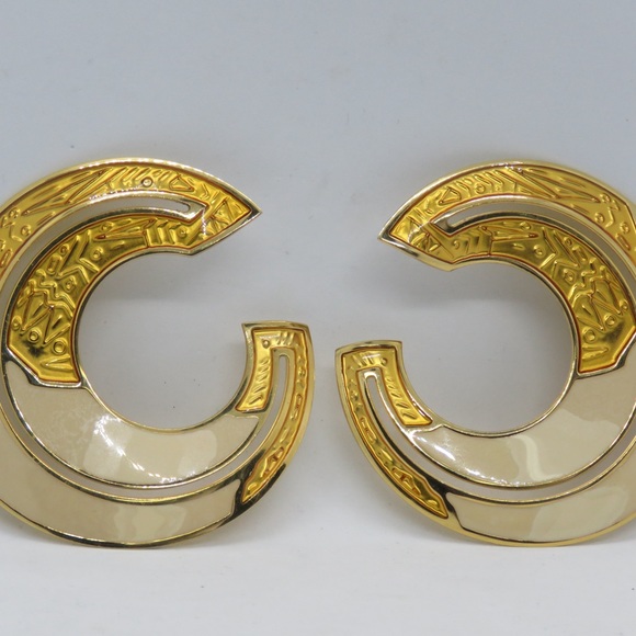 Vintage Edgar BEREBI Designer Enamelled Gold Foil Earrings Cream Swirl 1990s - Picture 7 of 7